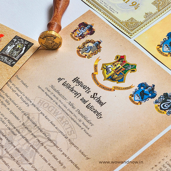 Load image into Gallery viewer, Personalized Harry Potter Hogwarts Acceptance Letter with Hogwarts School Ministry of Magic Wax Seal Stamp (Set of 10 Potter Fandom Collectibles) + Harry Potter Wooden Music Box with Hand Crank - Combo Deal
