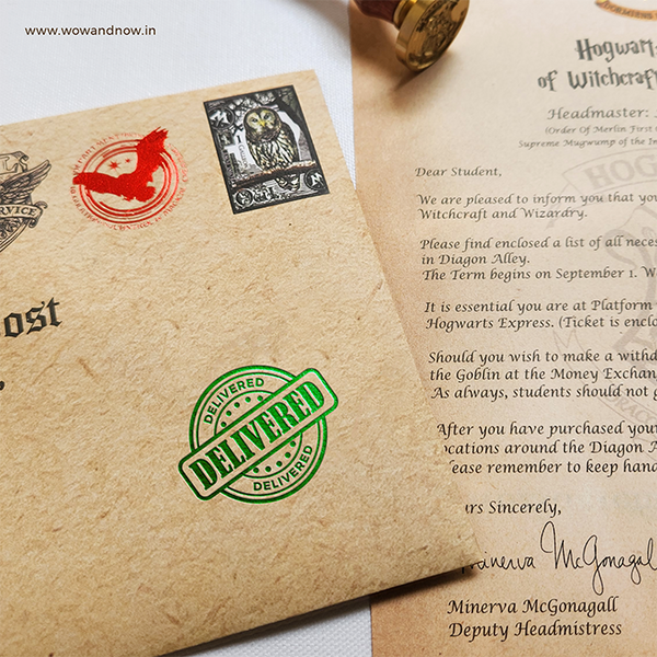 Load image into Gallery viewer, Personalized Harry Potter Hogwarts Acceptance Letter with Hogwarts School Ministry of Magic Wax Seal Stamp (Set of 10 Potter Fandom Collectibles) + Harry Potter Wooden Music Box with Hand Crank - Combo Deal
