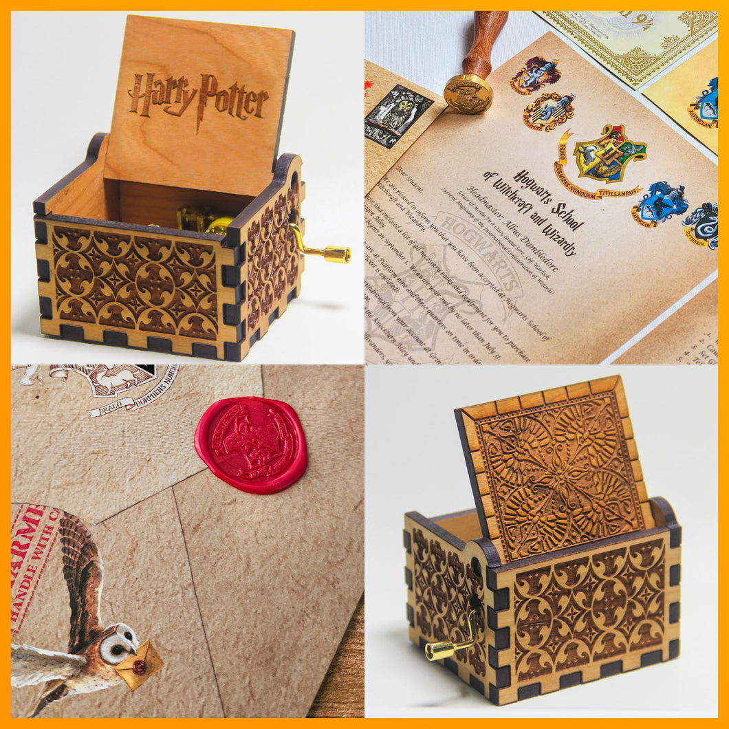 Personalized Harry Potter Hogwarts Acceptance Letter with Hogwarts School Ministry of Magic Wax Seal Stamp (Set of 10 Potter Fandom Collectibles) + Harry Potter Wooden Music Box with Hand Crank - Combo Deal